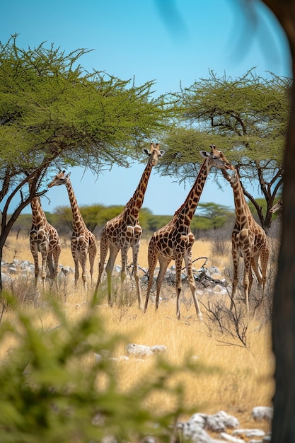 アフリカのサバンナのアカシアの木の間で草を食むキリンの群れ