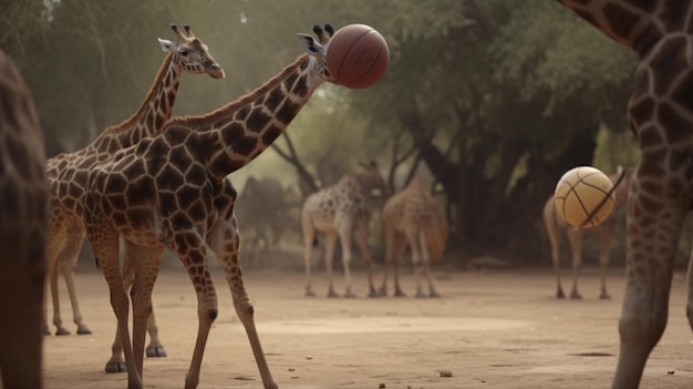 A group of giraffes playing a game of basketball