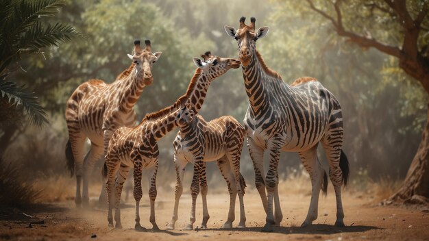 Photo a group of giraffes stand together in the dirt