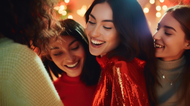 Photo group of girlfriends in front of the christmas tree at home