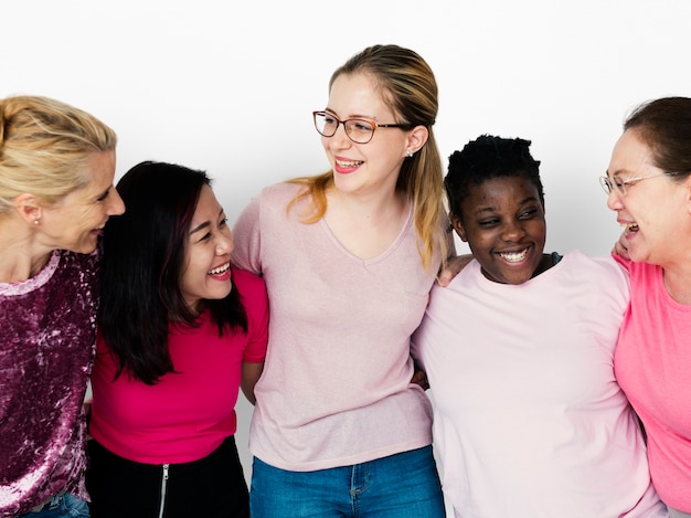 Photo group of girlfriends with breast cancer awareness charity