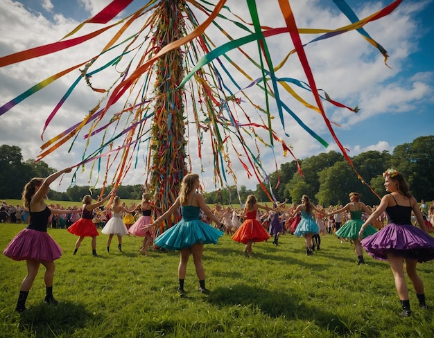 a group of girls are dancing under a tree with colorful ribbons