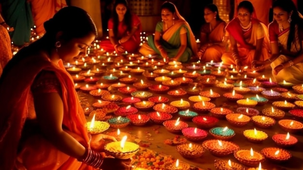 A group of girls are gathered around a lamp with the words diwali on it.