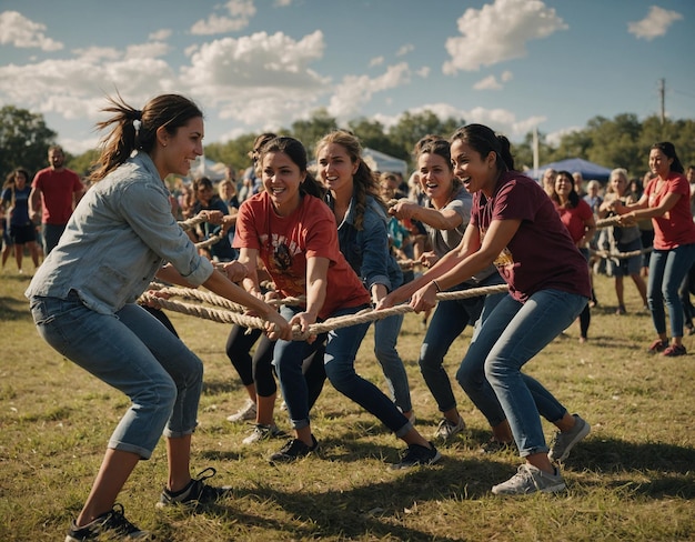 группа девушек играет в спорт с веревкой