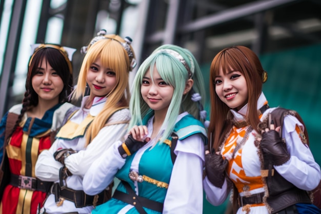 A group of girls are posing for a photo with one of them wearing a costume.