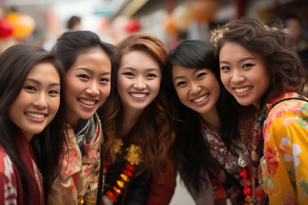 Photo a group of girls of asian nationalities laugh and look at the camera on a city street happy faces