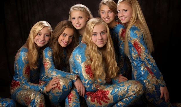 Группа девушек в синей и золотой пижаме.