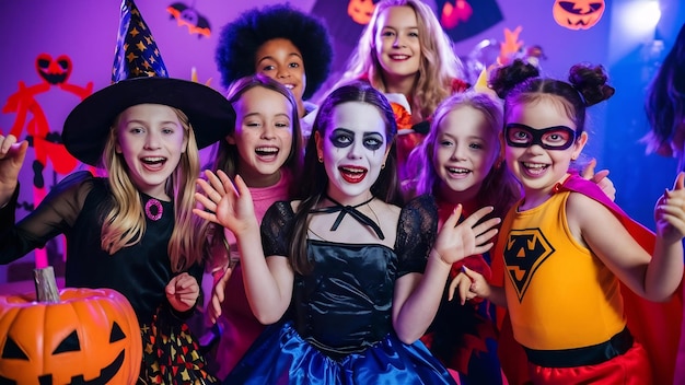 Group of girls dressed in halloween costumes in studio