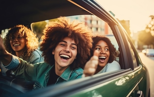 女の子の友達のグループが一緒に車で旅行し休暇で笑って楽しんでいます