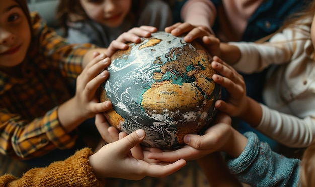 Photo a group of girls holding a globe with the word world on it