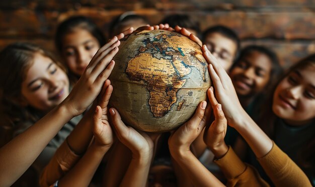 a group of girls holding a globe with the word world on it