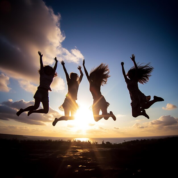 Photo a group of girls jumping in the air with the sun behind them