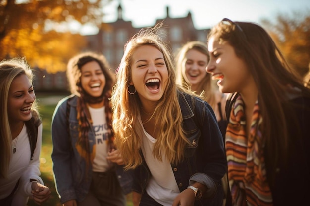 A group of girls laughing and laughing in front of a building with the word " on it.