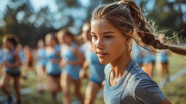 Photo group of girls running in a line generative ai