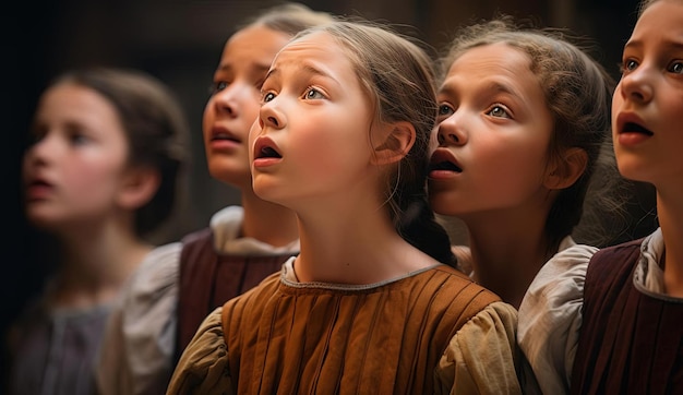 Photo a group of girls singing in a row in the style of historical drama