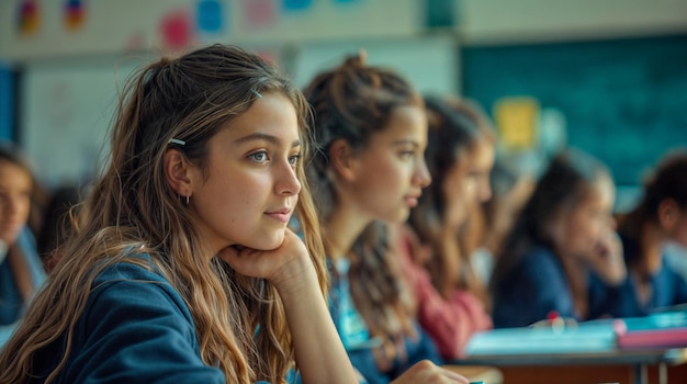 a group of girls sit in a classroom one of them has a hand on her chin