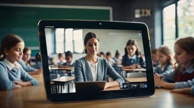 Foto gruppo di ragazze sedute a scrivania in una classe