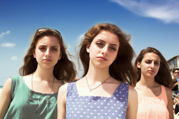 A group of girls stand in front of a blue sky.