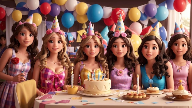 a group of girls standing around a table with a cake and cupcake