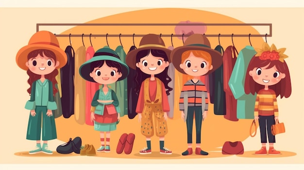 Photo a group of girls standing in front of a rack of clothes generative ai