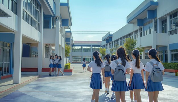 Photo a group of girls wearing blue uniforms stand in front of a building with a blue sky