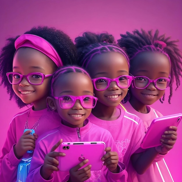 a group of girls wearing pink glasses holding a phone