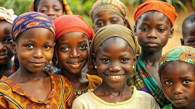 a group of girls with colorful headscarves are smiling