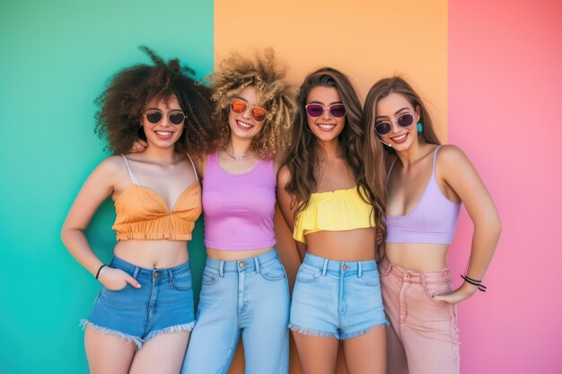 Photo a group of girls with colorful shirts and shorts are posing for a photo