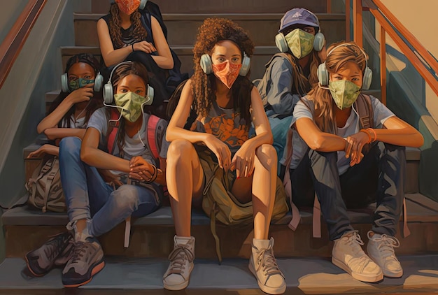 a group of girls with face masks and backpacks sitting on stairs