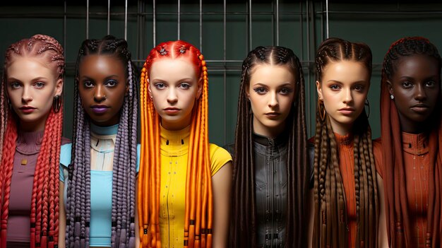 Photo a group of girls with long hair and a yellow shirt with the words 