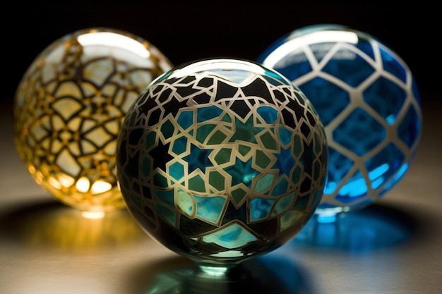 A group of glass balls with the word " al'on the bottom. "