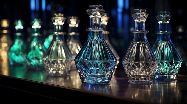 A group of glass bottles sitting on top of a table