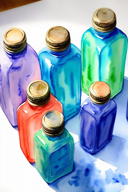 A Group Of Glass Bottles Sitting On Top Of A Table