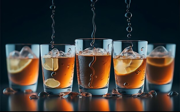 A group of glasses filled with liquid sitting on top of a table