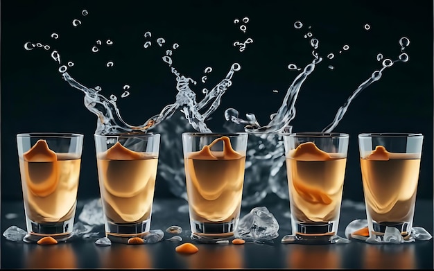 A group of glasses filled with liquid sitting on top of a table