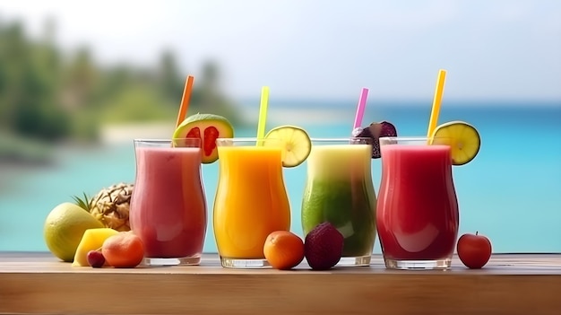 A group of glasses with different colored drinks