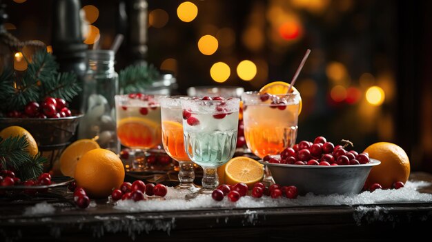 a group of glasses with fruit on a table