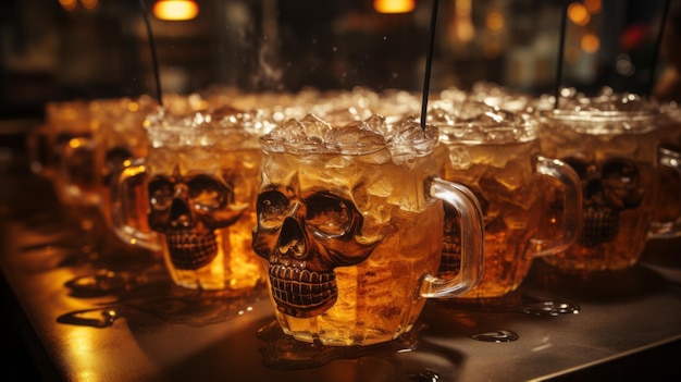 A group of glasses with ice and a skull design