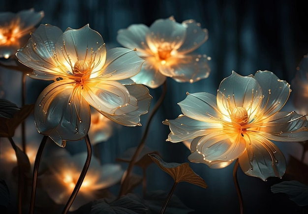 a group of glowing flowers