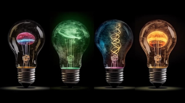 A group of glowing light bulbs on a black background