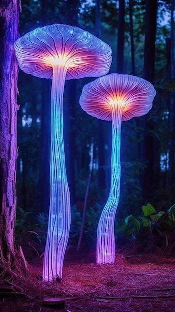 a group of glowing mushrooms in the dark