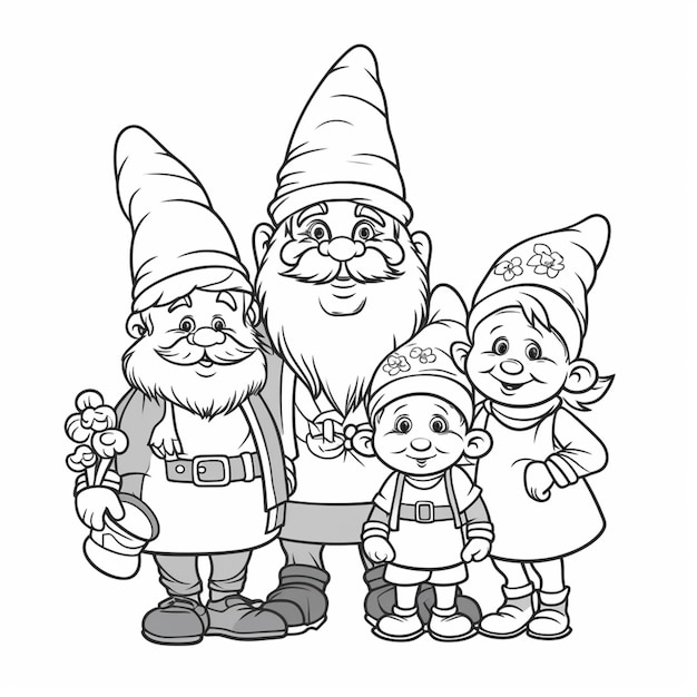 a group of gnomes with their children in a line generative ai