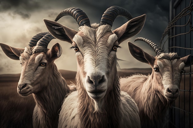 A group of goats with horns and horns are standing in front of a dark sky.