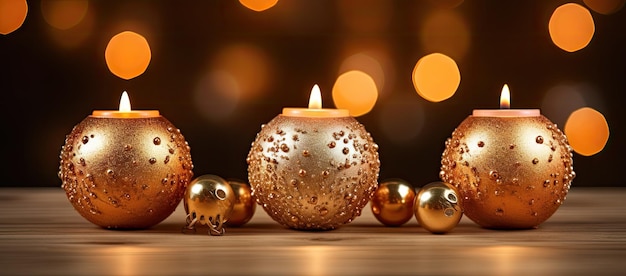 Group of gold candles on table