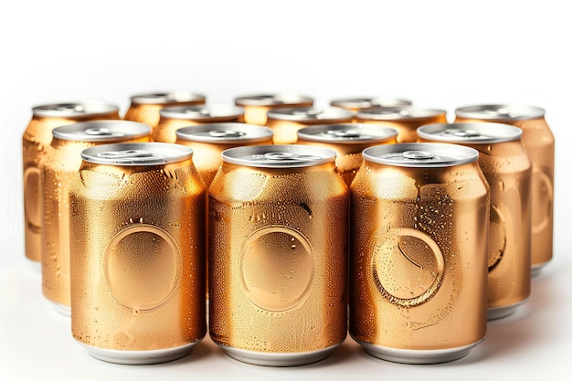A group of gold cans of soda on a white background with a white background behind them and a white