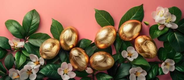 Group of Gold Eggs Resting on Green Leaves