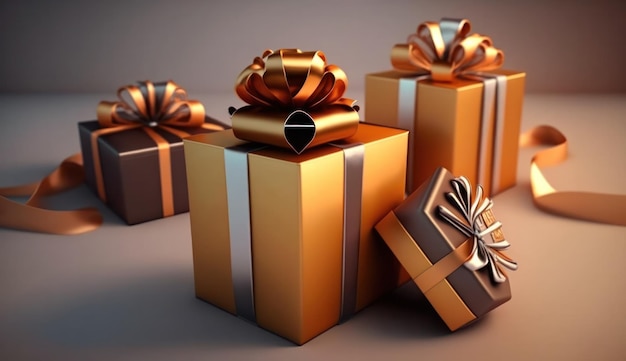 A group of gold gift boxes with ribbons on them.