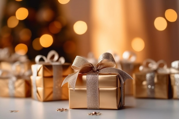 A group of gold wrapped presents with a gold ribbon on the top.