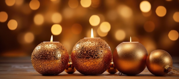 Group of golden candles on table