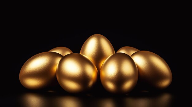 黒い背景の金色の卵の群れ